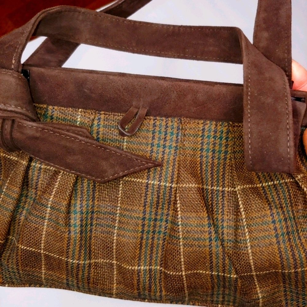 Stuart Weitzman brown plaid & suede bag EUC